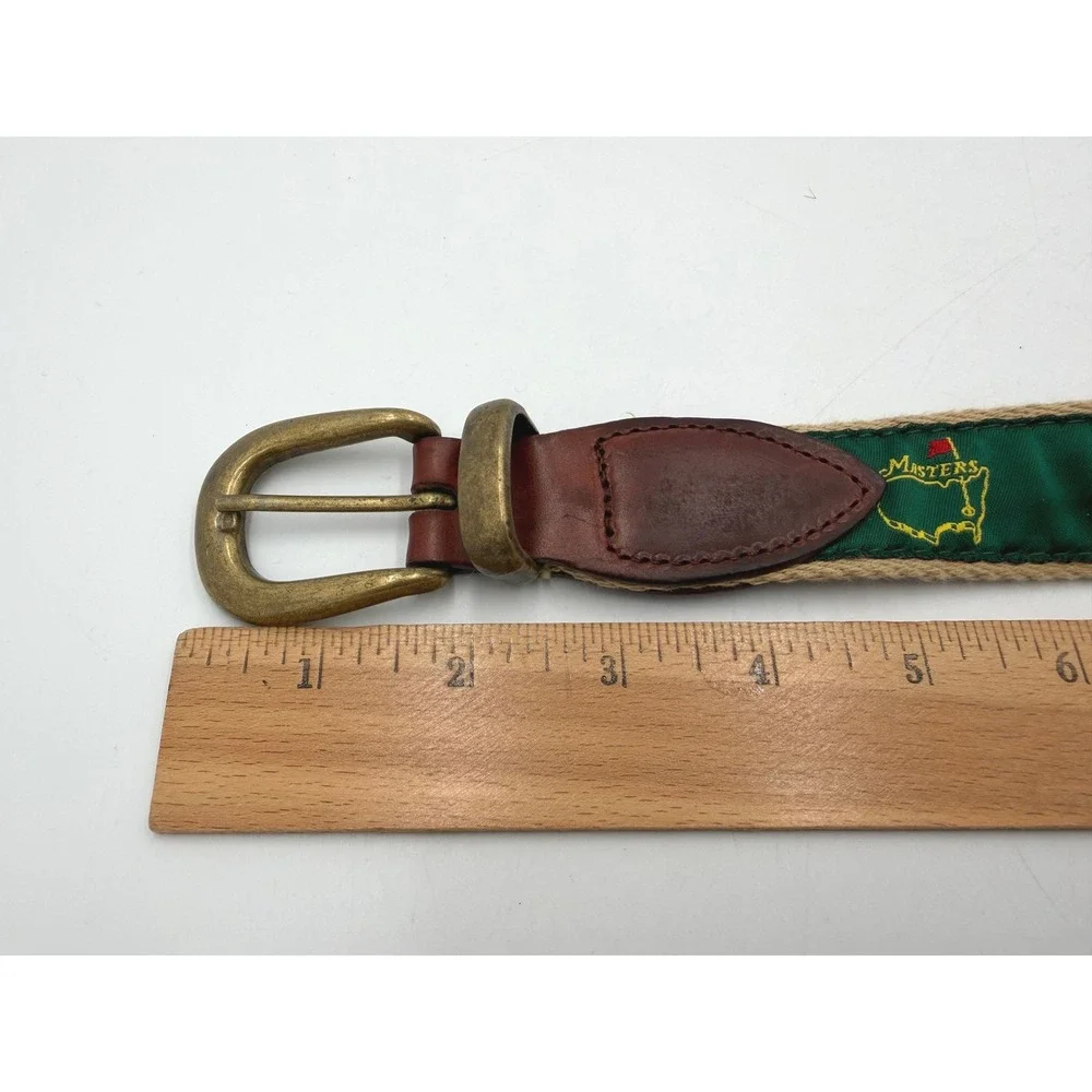Masters Golf Belt Mens 40 Green Tan Canvas Leather Brass Buckle Augusta